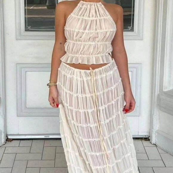 Beige Boho Women's Sexy Backless pleated Transparent Halter Neck top & skirt set - Picture 4 of 8